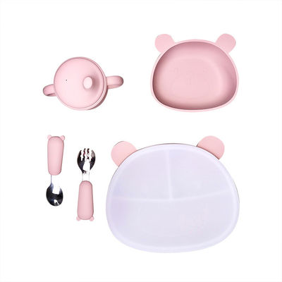 ঢাকনা সহ বিয়ার শেপ সিলিকন বেবি ফিডিং সেট 6Pcs BPA ফ্রি সাকশন বোল